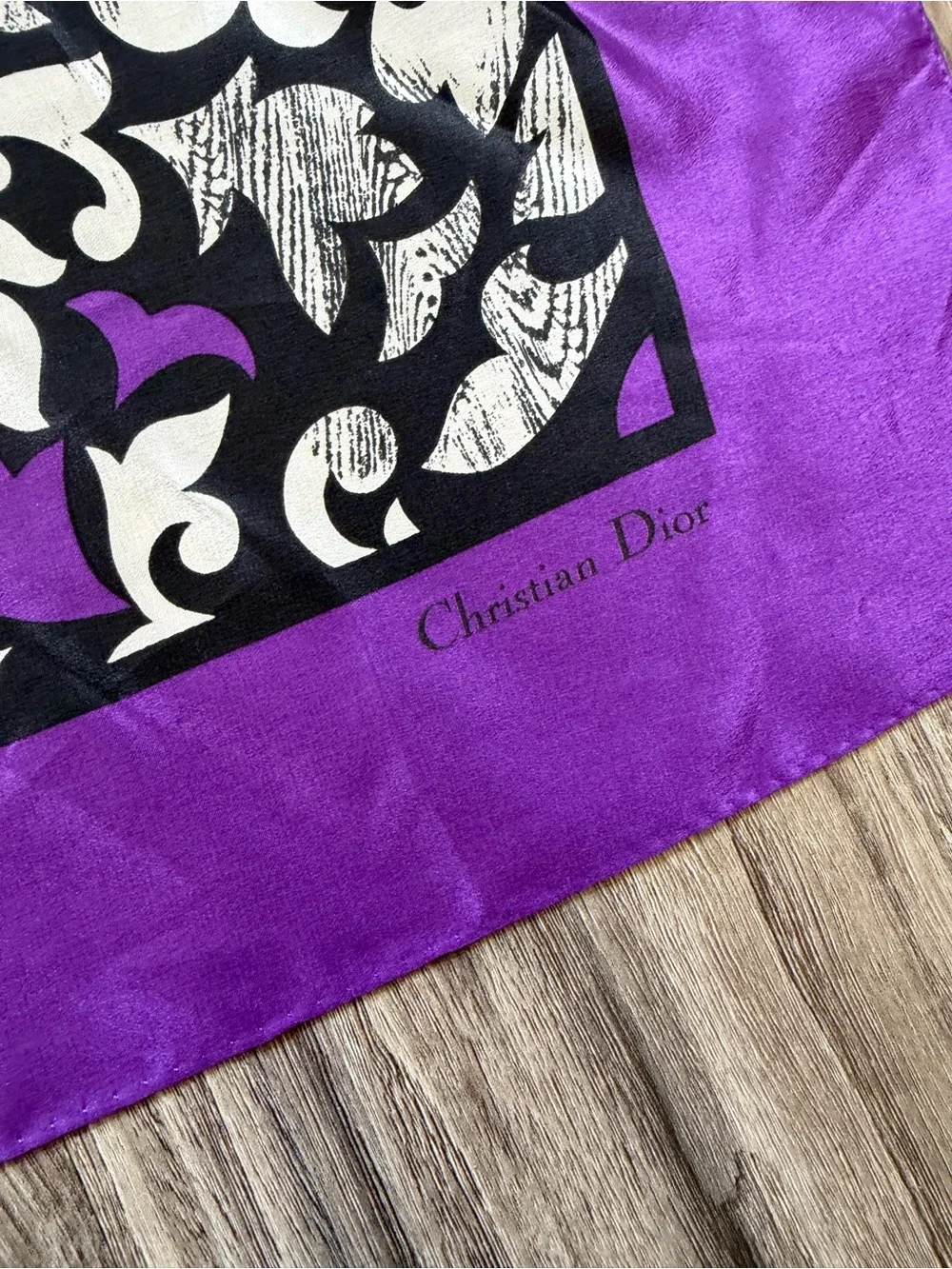 Vintage Christian Dior Silk Scarf Purple Black White Abstract Floral Vine Print
